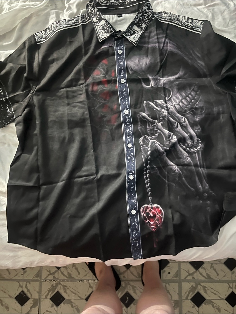 Men's Black Graphic Skull Button-Down Shirt with Red Heart Accent
